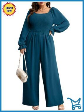 Plus Size Smocked Bodice Wide Leg Maxi Jumpsuit Ruffle Long Sleeve Pockets